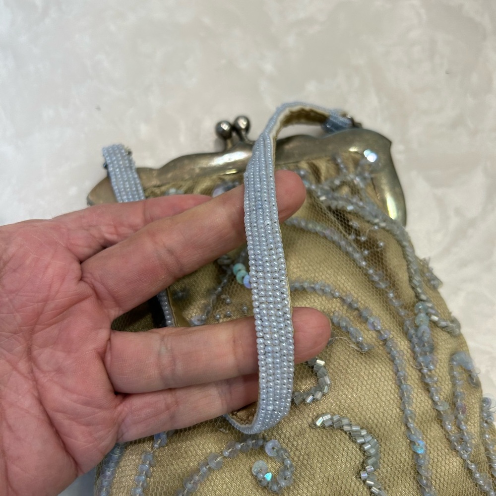 Saks Fifth Avenue Sequin and Beaded Evening Purse with attached mirror, clip top - Picture 7 of 14